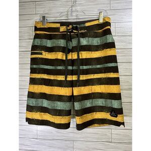 Prana Fenton Board Swim‎ Shorts Stretch Men's Size 30 Striped Green Yellow Brown